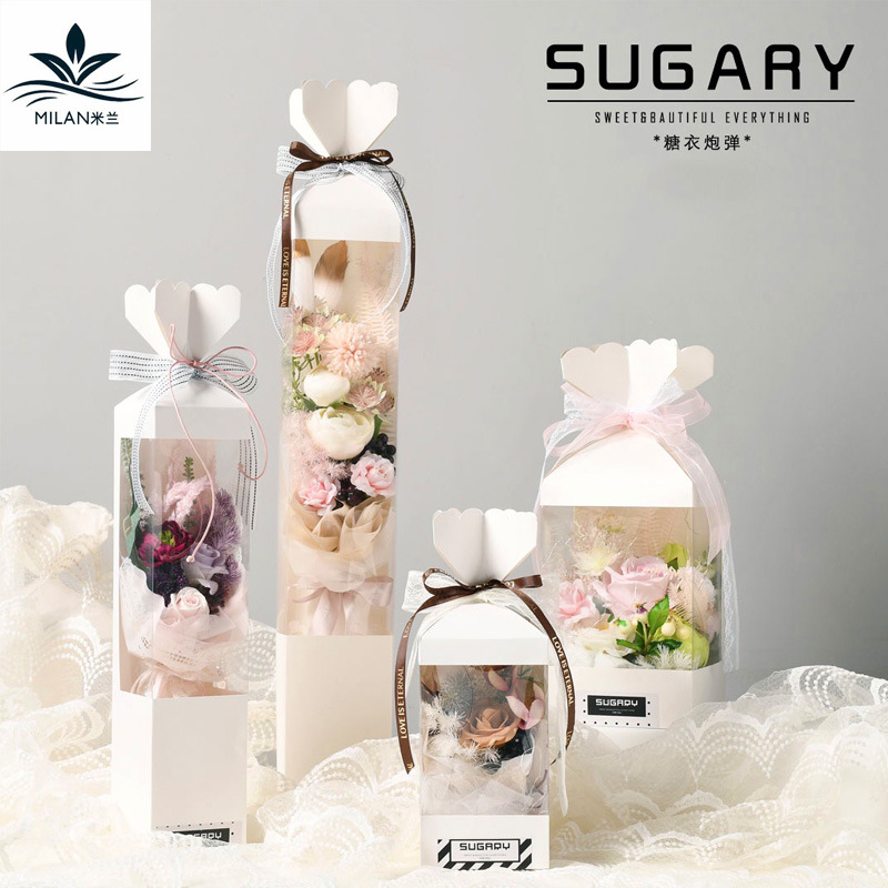 教师节花盒方形鲜花包装礼盒PVC折叠纸盒玫瑰花束手提盒