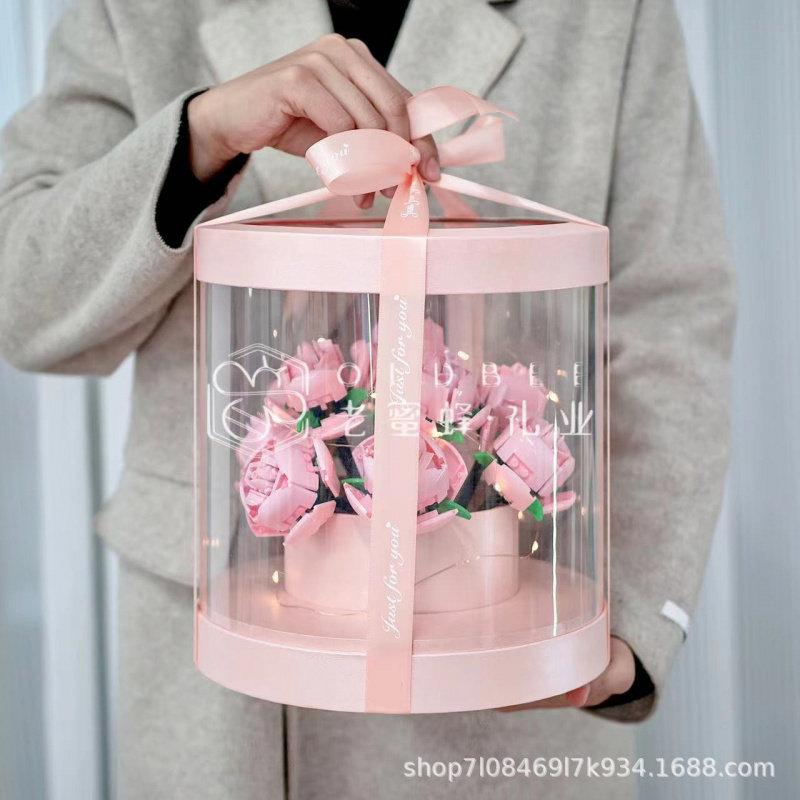 透明网红圆形抱抱桶礼盒情人节鲜花包装玫瑰花盒积木花展示盒