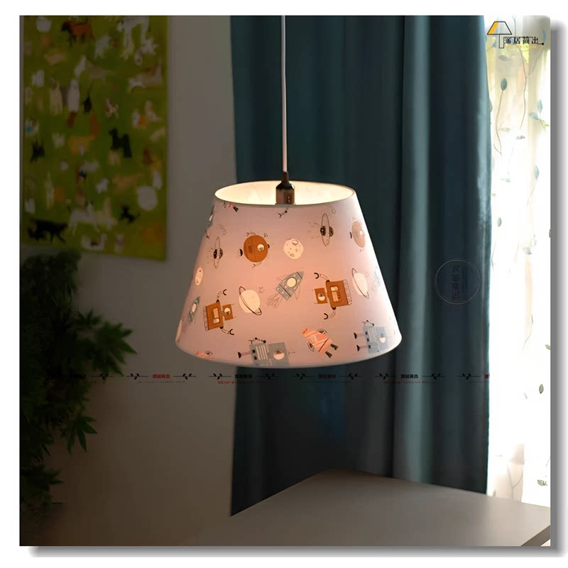 儿童房吊灯可爱卡通印花布艺圆形吊线灯北欧简约现代餐厅吊灯
