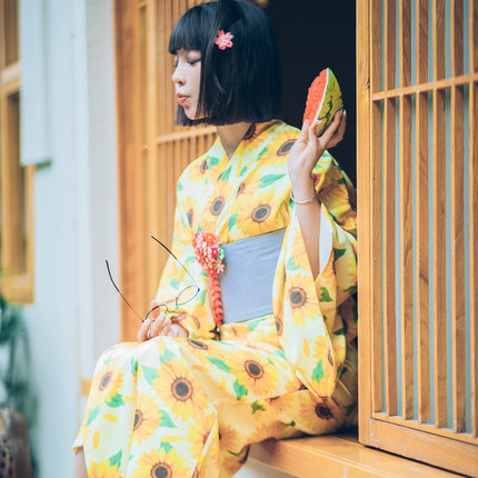 日本改良版和服昭和风可爱的少女向日葵花纯欲清新淡雅夏日祭浴衣