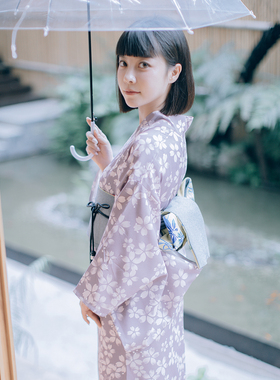 2022年夏季日本民族风改良版和服清新淡雅茶艺赏樱紫色四件套浴衣