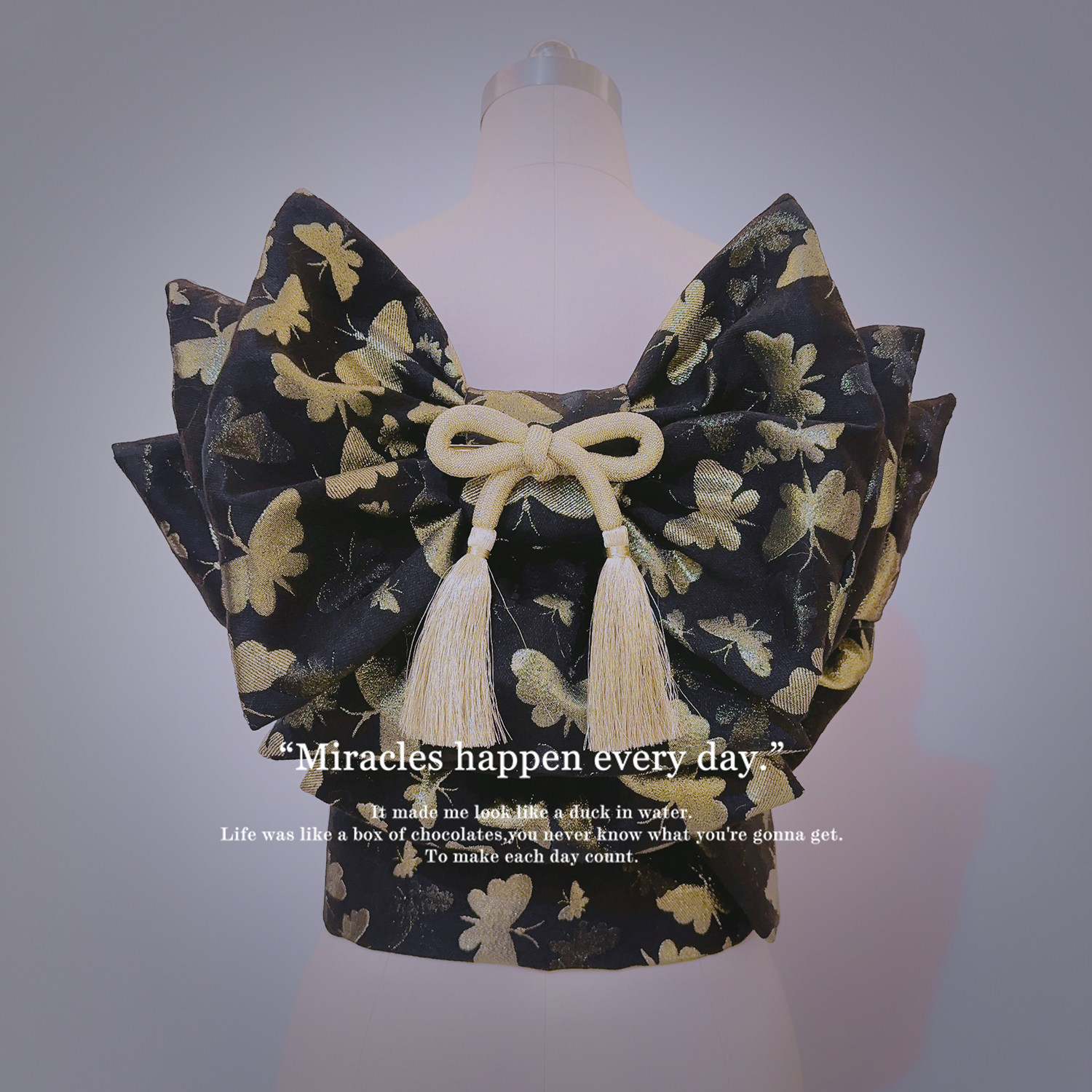 日本振袖和服浴衣女士复古昭和风分体定型太鼓结金黑蝴蝶结腰带