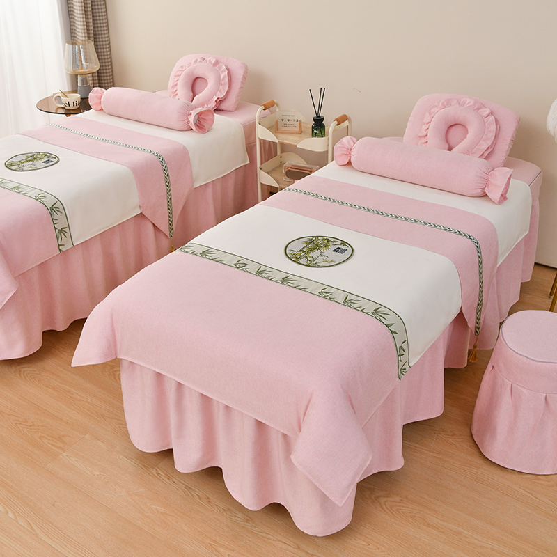 新款美容床罩四件套美容院专用高级感棉麻夏季美容床按摩洗头床单