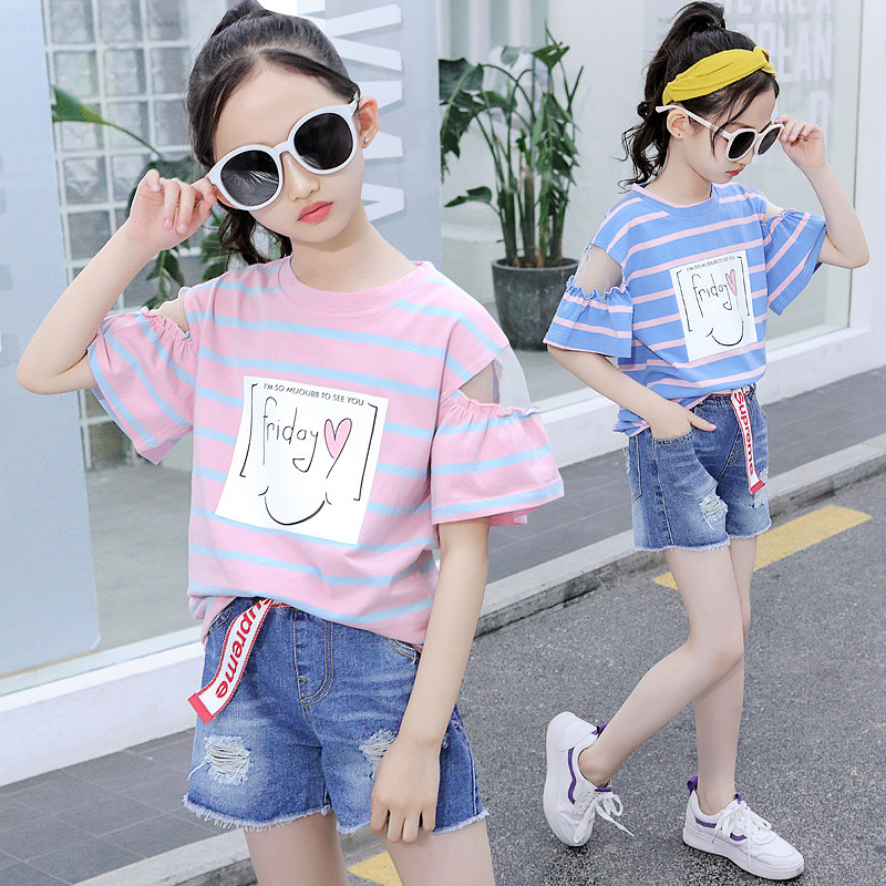 girl Short sleeved suit 2019 Summer wear new pattern Girls big boy stripe T-shirt shorts Two piece set suitin the Children/Baby/Family fitted , Set  category - from Buy2taobao.com to provide professional Taobao agent buy service