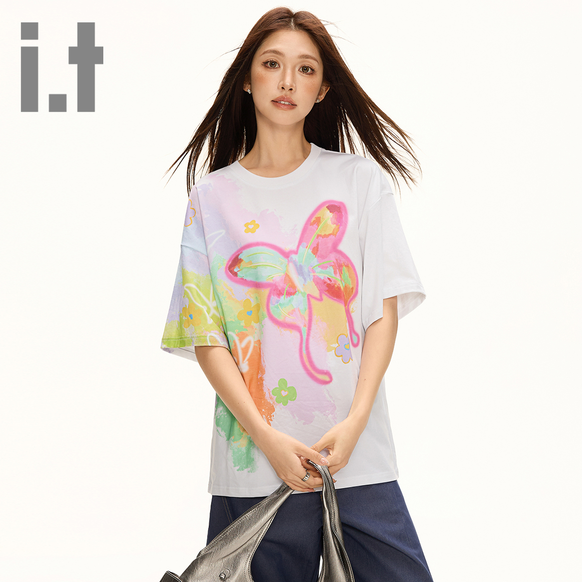 it:CHOCOOLATE夏季新款短袖T恤女宽松印花圆领时尚百搭潮流上衣女