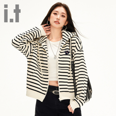 it:CHOCOOLATE春季新款甜酷风连帽卫衣女宽松休闲条纹开衫外套