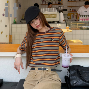 条纹纯棉T恤女休闲印花圆领潮流百搭上衣服 CHOCOOLATE夏季 时尚