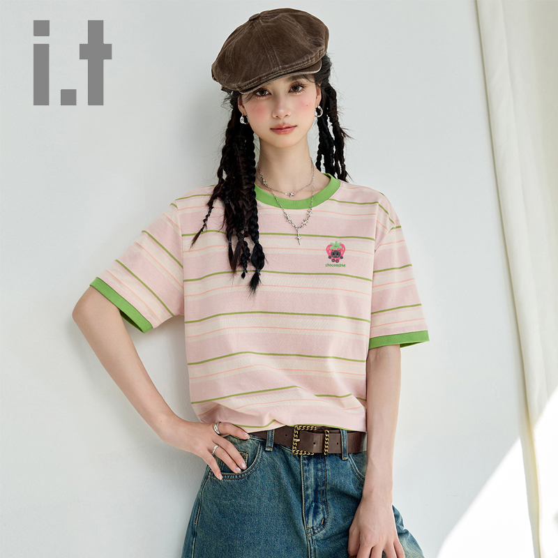 it:CHOCOOLATE百搭条纹设计感休闲短袖T恤女2025新款显瘦甜美上衣