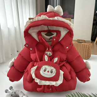 女宝宝秋冬装棉服卡通洋气加绒加厚连帽儿童棉衣棉袄红色年服外套