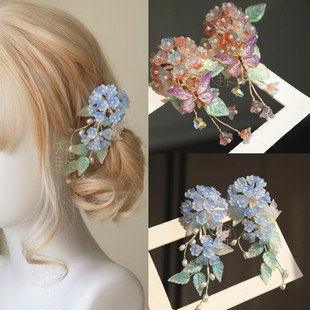 复古国风无尽夏蓝色琉璃绣球花枝花球边夹发簪子汉服旗袍配饰发饰