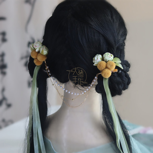 流苏丝带飘带花朵毛球后压对夹古风少女黄绿色汉服Lolita头饰发饰