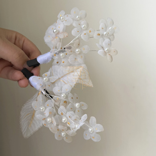 仙气古风白色透明烫花绣球花枝发夹对夹头饰汉服发簪旗袍发饰