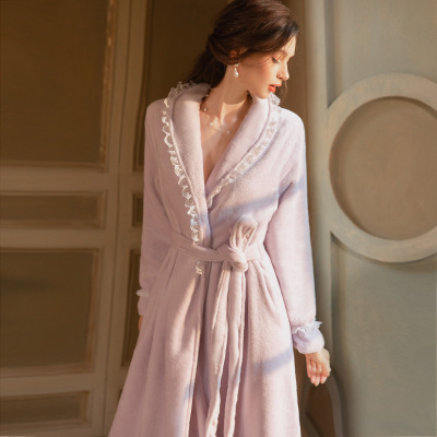 凯朱莉性感睡衣女款冬季2025新款法兰绒睡袍蕾丝气质长裙浴袍晨袍