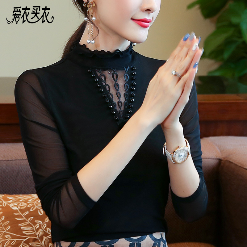遮肚打底衫洋气高贵妈妈装网纱长袖女t恤春秋上衣女百搭薄款小衫