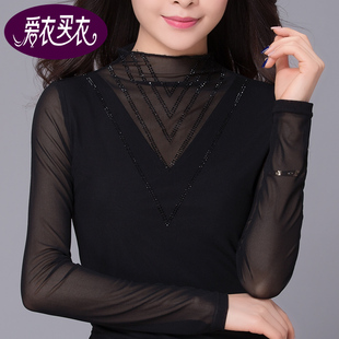 妈妈装 女长袖 春秋新款 立领百搭网纱打底衫 潮 T恤修身 性感上衣薄款