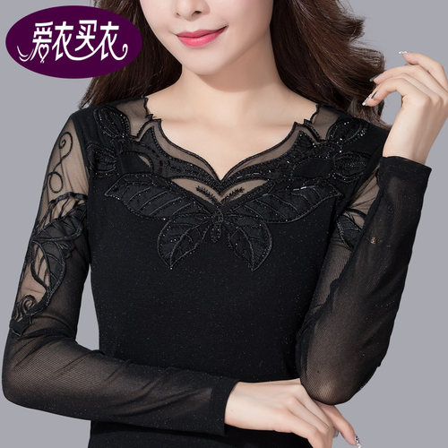 V领网纱打底衫女长袖百搭