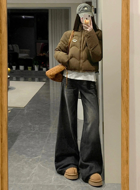 美式黑灰色高腰宽松加绒阔腿牛仔裤女秋冬2026年垂感拖地直筒长裤