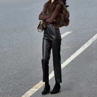 高腰直筒九分烟管裤 保暖窄版 女小个子2025秋冬新款 黑色加绒pu皮裤