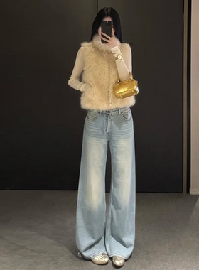 浅蓝色阔腿牛仔裤女2026年秋季高腰宽松显瘦百搭垂感拖地直筒裤子