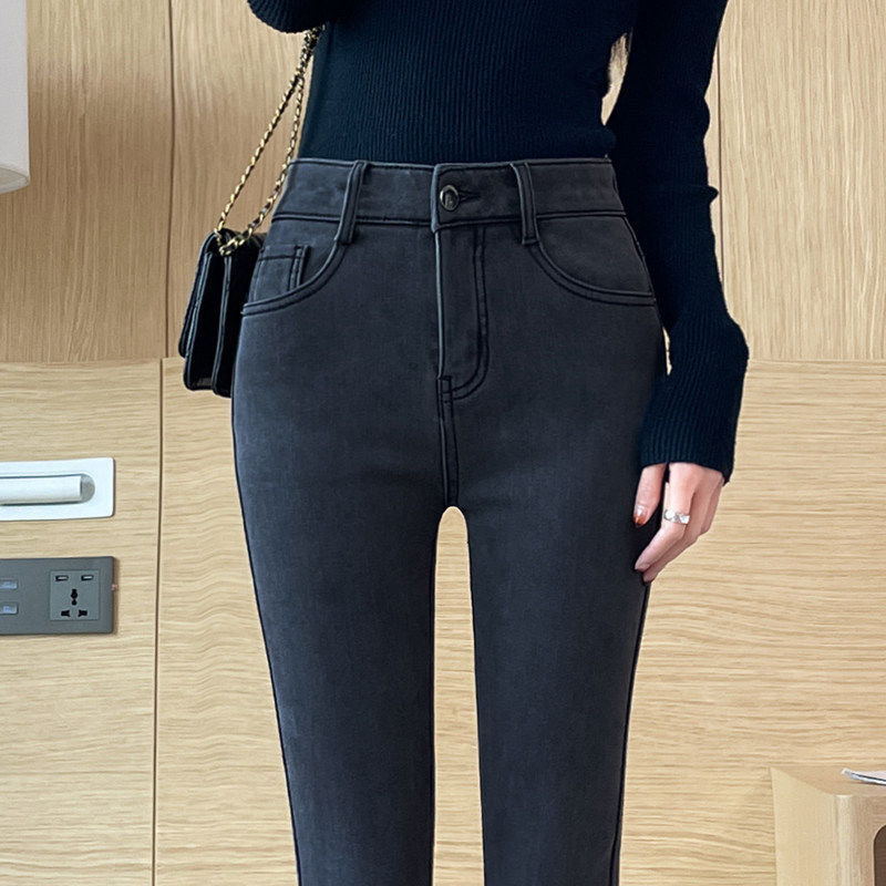 高腰烟灰色牛仔裤女2025秋冬季新款弹力显瘦小脚裤紧身加绒长裤