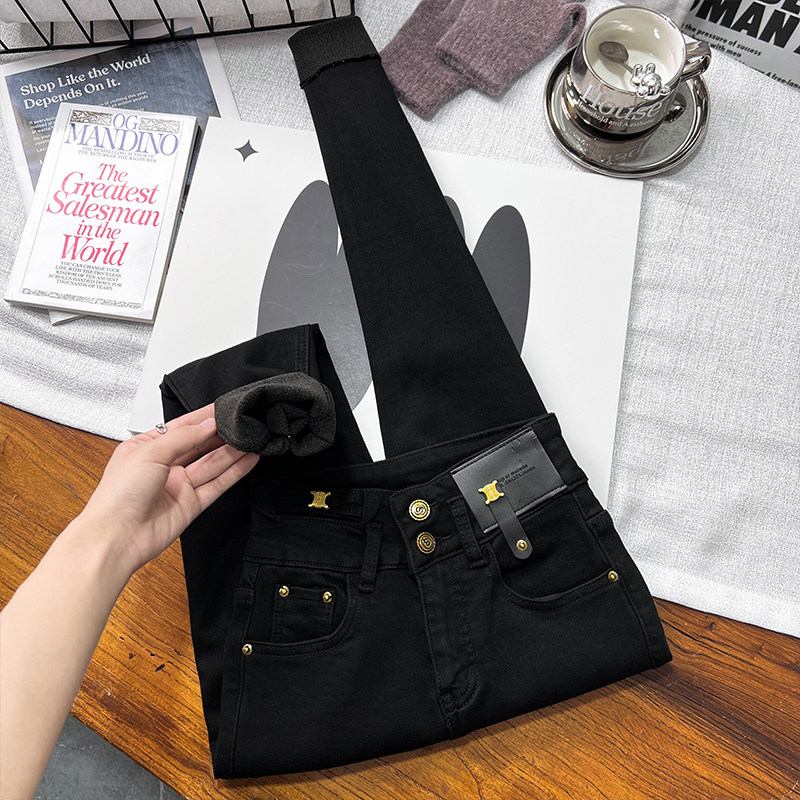 2025年秋冬新款小脚牛仔裤女黑色高腰磨毛加植绒加厚显瘦铅笔靴裤,女装/女士精品,牛仔裤,淘宝优惠券,粉丝福利购,淘宝优惠卷