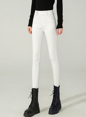 白色牛仔裤女春秋新款高腰白色铅笔裤春松紧腰高弹紧身打底烟管裤