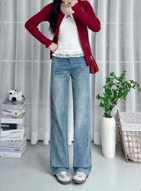 蓝色水洗直筒牛仔裤女秋季2026爆款高腰微宽松显瘦窄版阔腿拖地裤