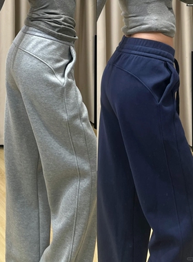 灰色休闲运动裤女秋季大码胖mm高腰宽松遮胯显瘦梨形身材阔腿卫裤