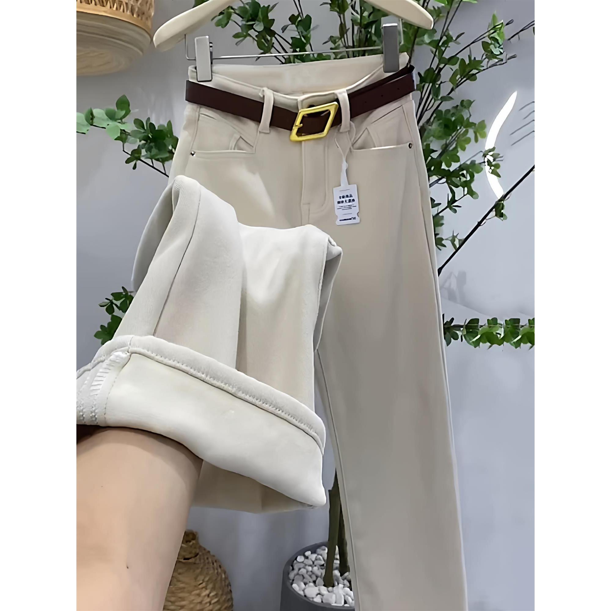 加绒加厚宽松直筒牛仔裤女秋冬杏色纹理设计感高腰显瘦拖地阔腿裤