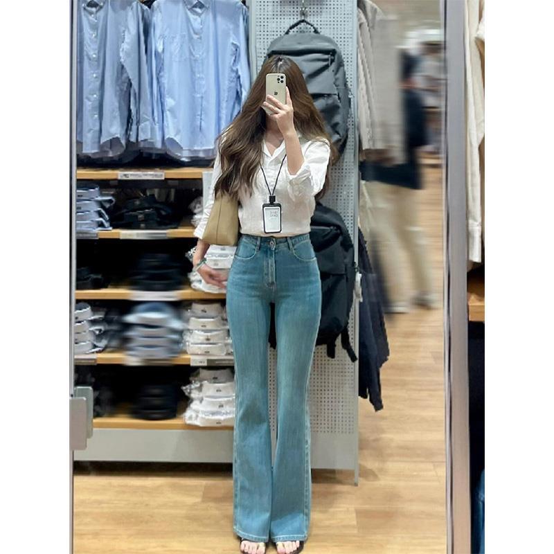 美式浅蓝色高腰显瘦微喇牛仔裤女2025春季修身弹力直筒马蹄长裤子