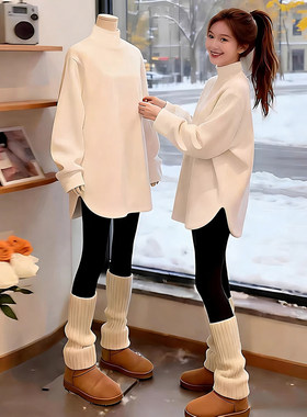 半高领弧形中长版秋冬新款纯棉2026长袖内搭衣女T恤加绒宽松上衣