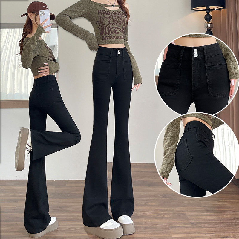 修身高腰微喇叭牛仔裤女2025冬季显瘦显高双扣弹力紧身黑色裤子女