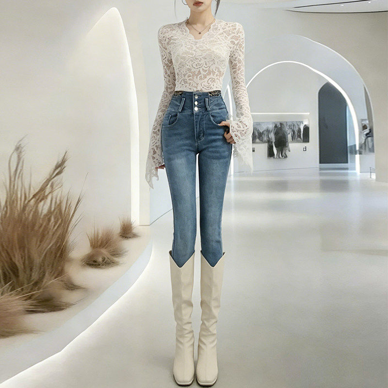 蓝色紧身牛仔裤女冬加绒加厚新款弹力超高腰提臀小脚裤拼色铅笔裤