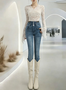 蓝色紧身牛仔裤女冬加绒加厚新款弹力超高腰提臀小脚裤拼色铅笔裤