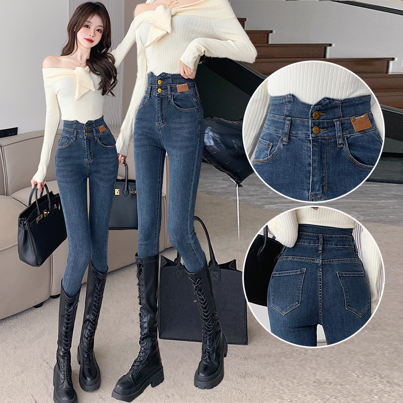 高腰牛仔裤女紧腿弹力小脚裤2025年秋季新款收腹紧身铅笔靴裤子