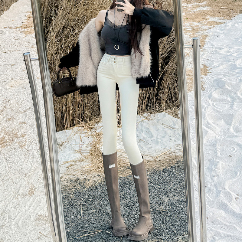 白色高腰紧身牛仔裤女2025年秋季新款弹力修身薄款显高百搭铅笔裤