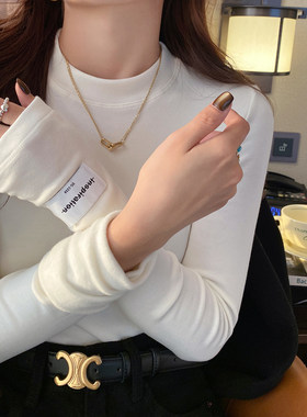 白色小立领磨毛打底衫女内搭高级感2026冬新款半高领T恤加绒上衣