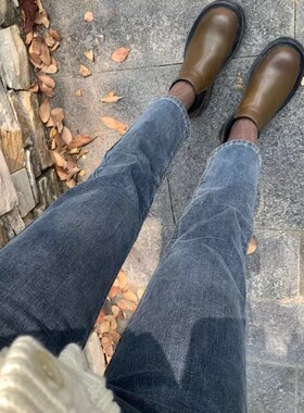 蓝灰色秋冬加绒直筒牛仔裤女2026春秋新款小个子女士爆款烟管裤子