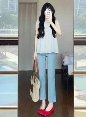 浅蓝色直筒牛仔裤女2026秋冬新款加绒高腰修身显瘦春秋八分烟管裤