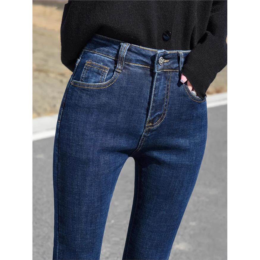 深蓝色牛仔裤女2026年春秋季新款高腰弹力显瘦小脚紧身加绒长裤