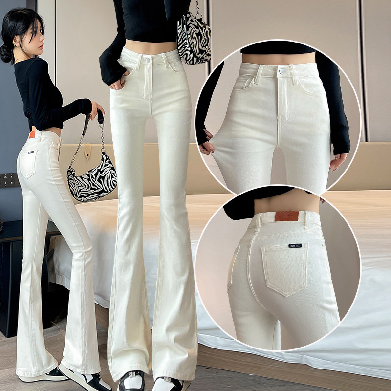 白色微喇牛仔裤女2025冬季加绒加厚高腰小个子紧身提臀港风喇叭裤