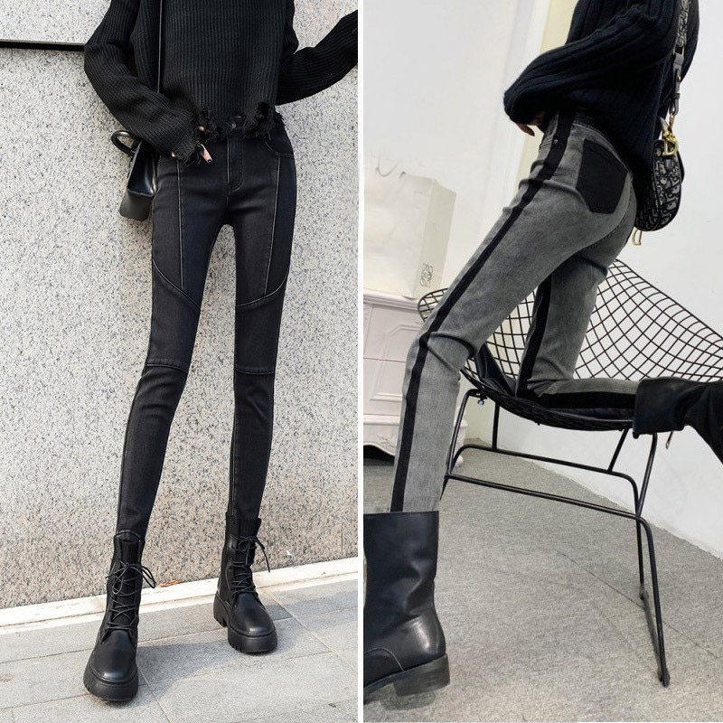 欧洲站紧身小脚牛仔裤女2025年秋冬加长拼接修身显瘦时尚铅笔裤潮