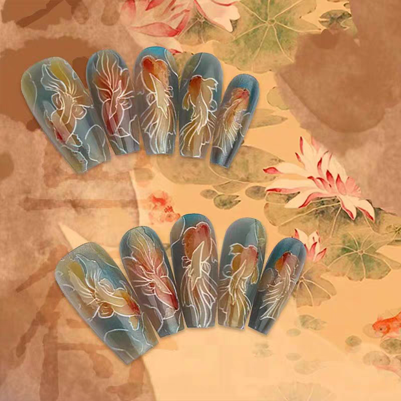 美甲穿戴甲社会小众方形小金鱼美甲手指甲国风穿戴甲如鱼得水