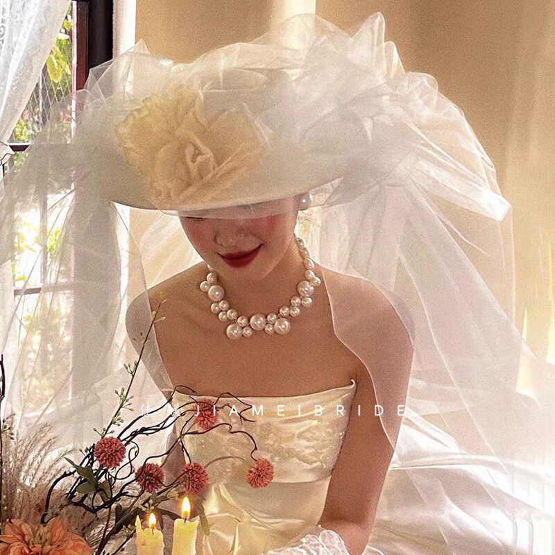 新娘结婚拍照摄影造型帽子头纱婚纱礼服时尚超仙头饰白色手工原创