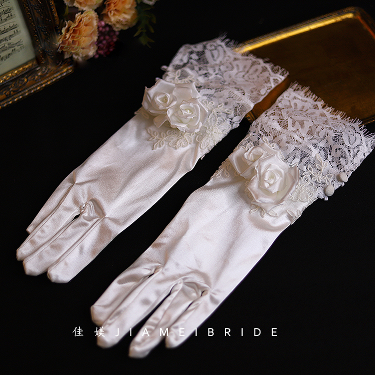 佳媄新款白色蕾丝缎面拼接玫瑰花长手套新娘礼服婚纱写真跟妆配饰
