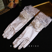 佳媄新款 白色蕾丝缎面拼接玫瑰花长手套新娘礼服婚纱写真跟妆配饰