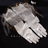 法式 新款 森系复古白色蕾丝缎面拼接蝴蝶结长手套新娘婚纱礼服配饰