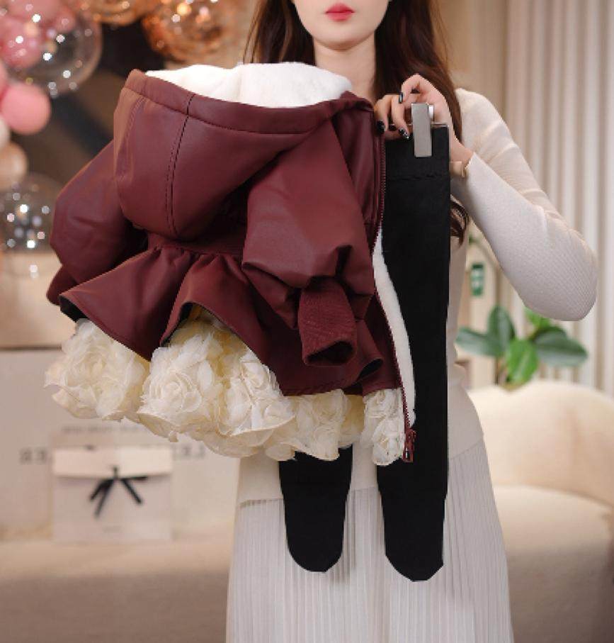 冬季女童加绒加厚红色保暖蓬蓬纱连帽皮衣外套