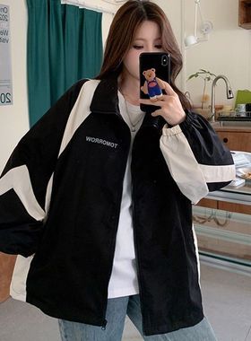 黑色美式冲锋衣外套女春秋款休闲百搭运动学院风宽松工装夹克上衣