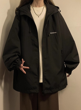 黑色连帽冲锋衣外套女春秋款宽松百搭ins风休闲运动学生工装夹克